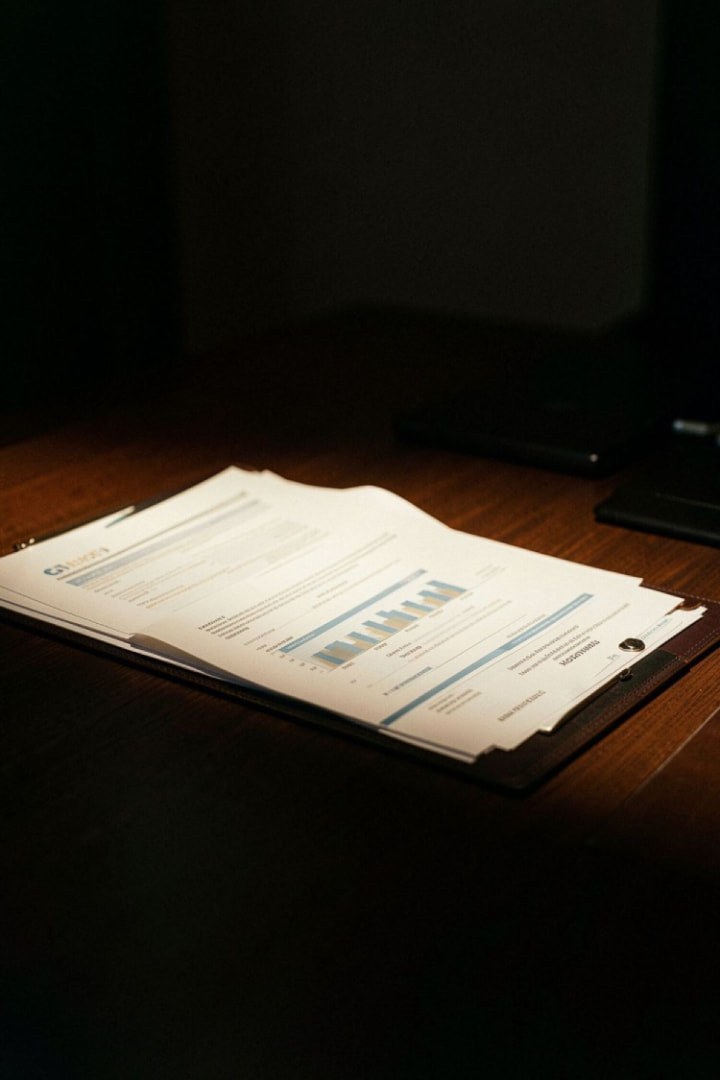 Documentos profesionales iluminados sobre un escritorio oscuro